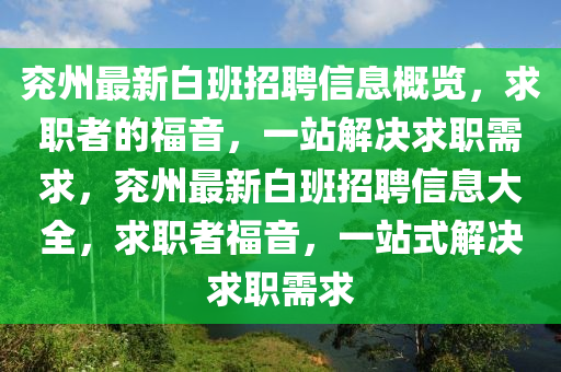 兖州最新白班招聘信息概览，求职者的福音，一站解决求职需求，兖州最新白班招聘信息大全，求职者福音，一站式解决求职需求